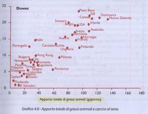 Ecco il grafico con la relazione tra il consumo di grassi animali e l’insorgenza di cancro al seno (pag 88 “The China Study